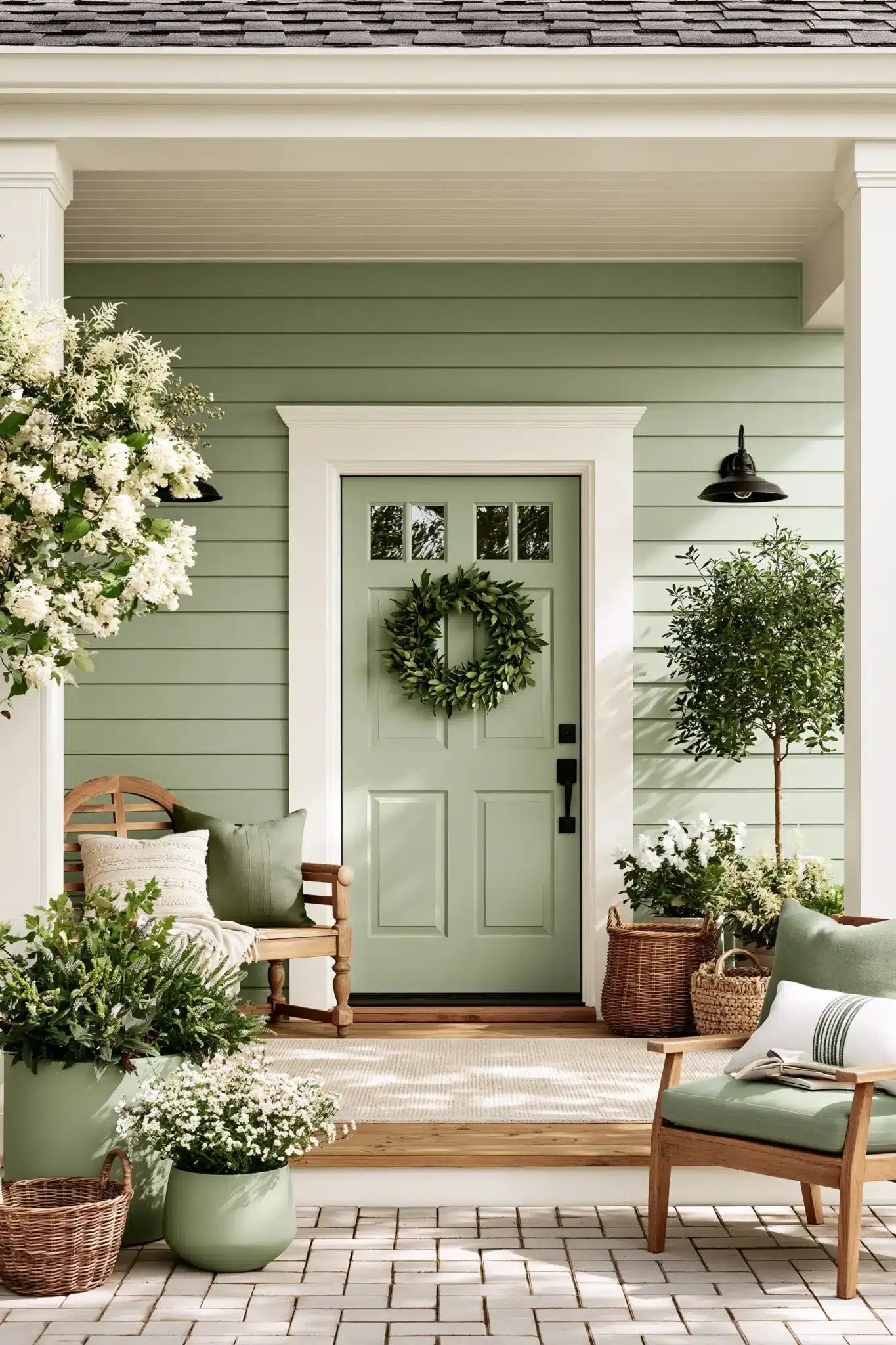 A serene spring porch with sage green accents, white flowers, and natural textures.