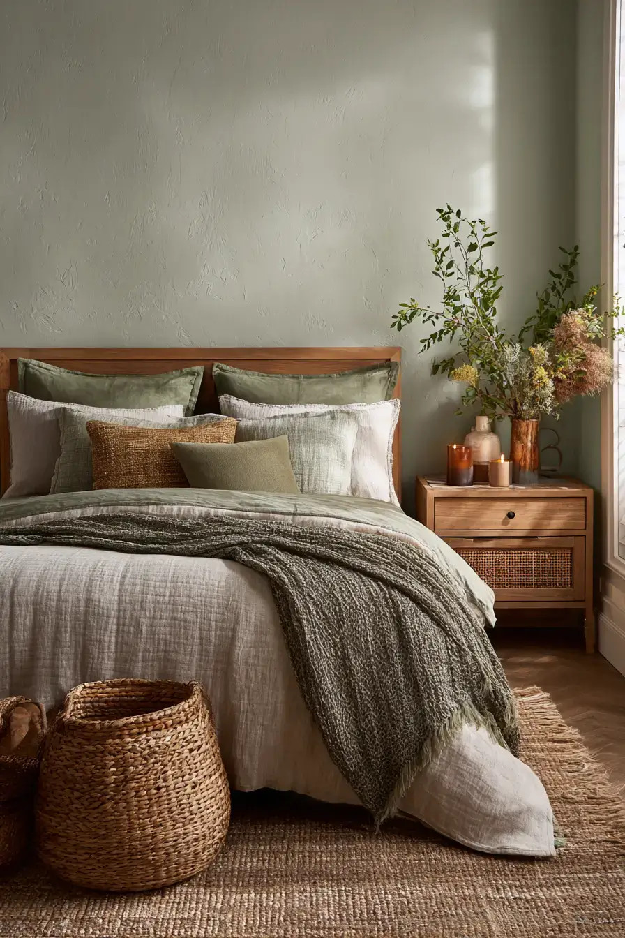 A sage green boho bedroom with neutral bedding, wood furniture, and woven accents
