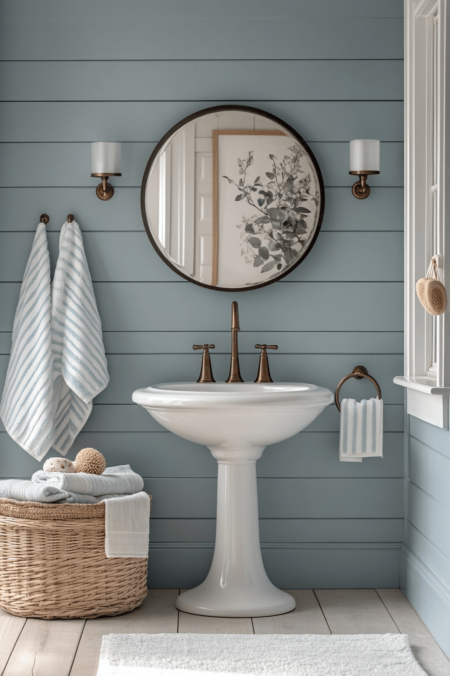 Soft salt-air bathroom with pale blue walls, weathered wood vanity, and glass decor