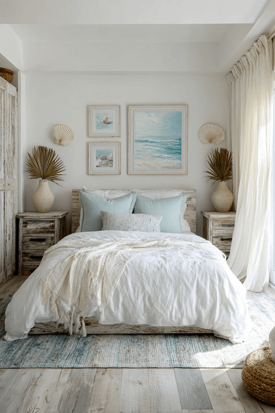 Beachy boho bedroom with whitewashed finishes, blue ceramics, off-white bedding, and a woven bench