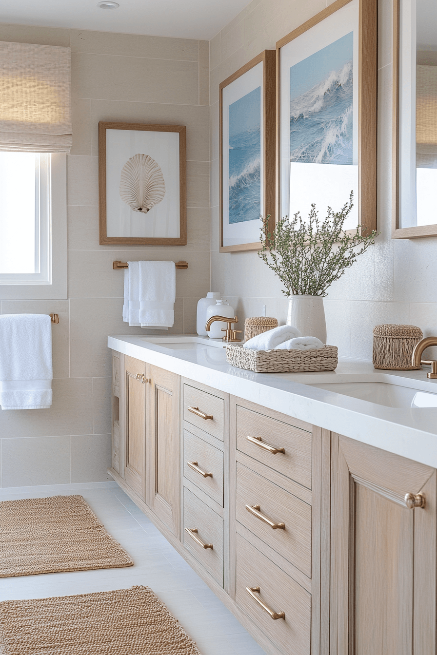 Modern coastal bathroom with beige and blue tones, brass hardware, and framed art