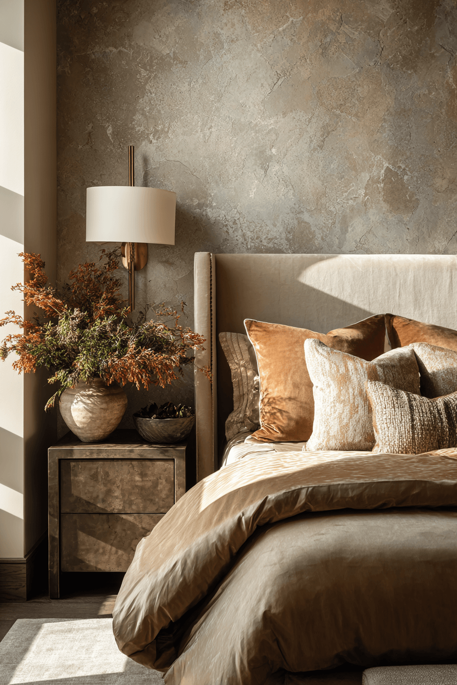 grounded beige bedroom with sand and clay tones