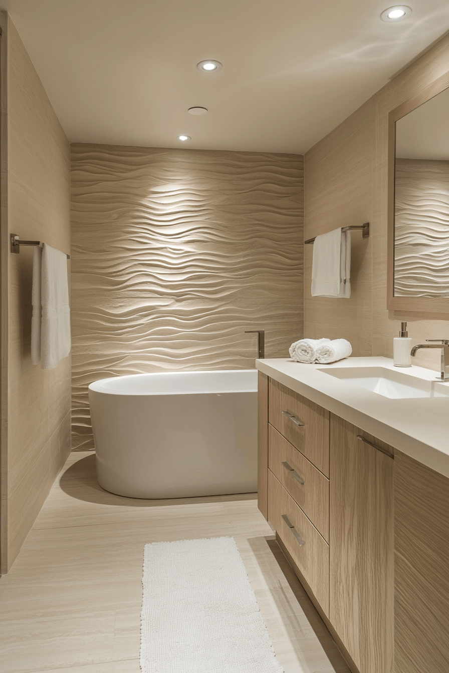 Earthy beachy bathroom with dune-inspired colors, subtle texture, and clean fixtures