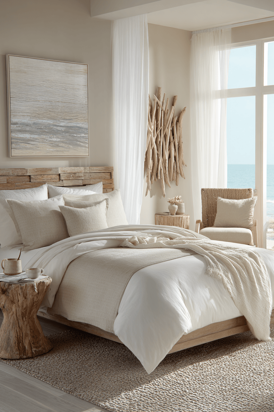Serene beach bedroom with sandbar-inspired colors, low furniture, and soft green accents