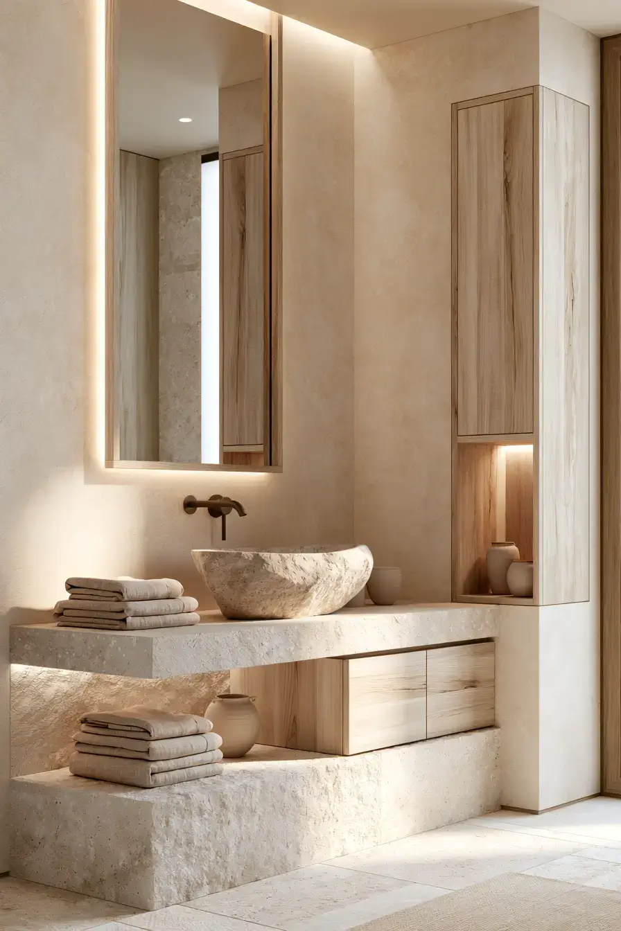 Sandstone-toned Japandi bathroom with pale timber, textured finishes, and gentle light