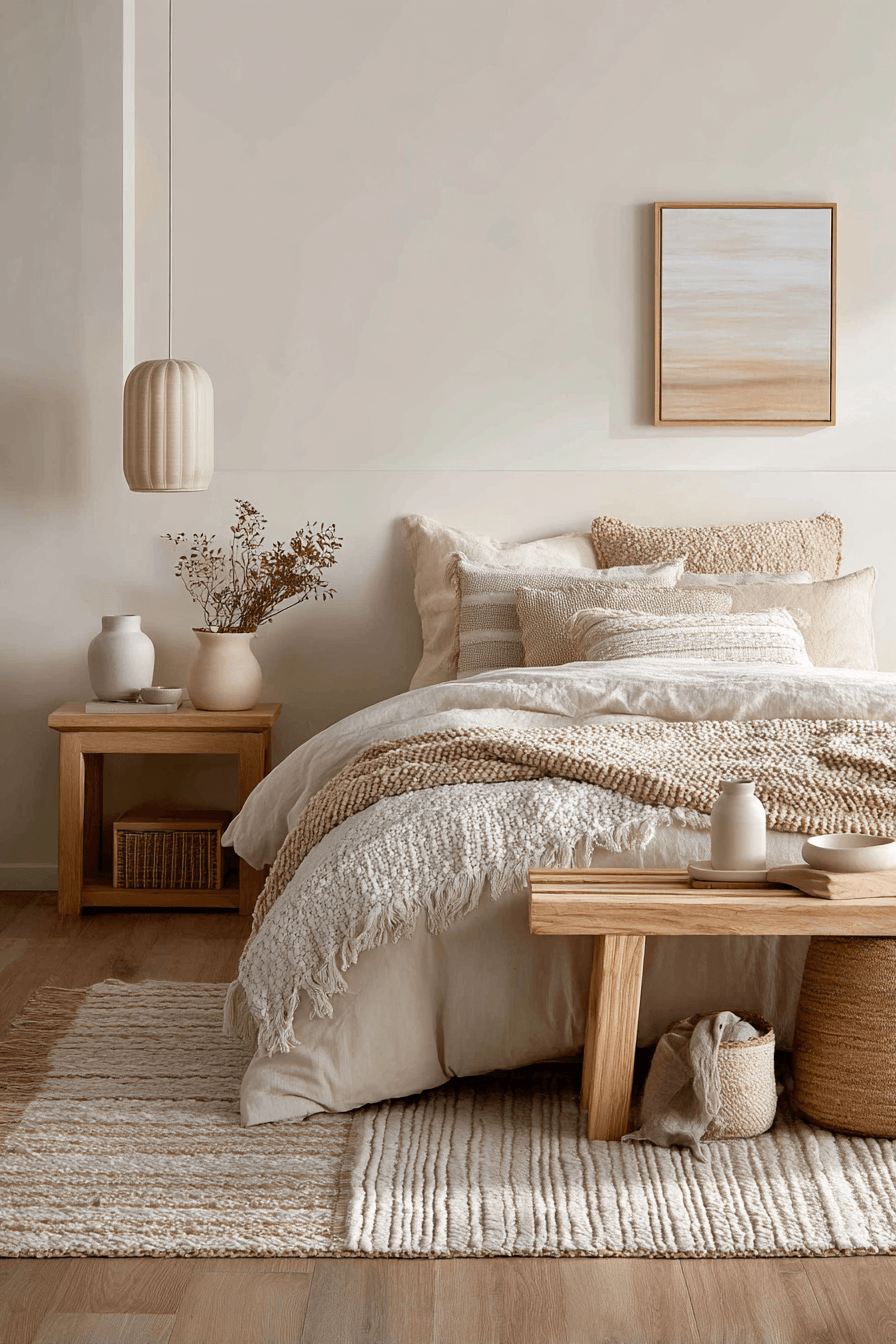 A sandy neutral bedroom with beige bedding, light wood accents, and woven textures