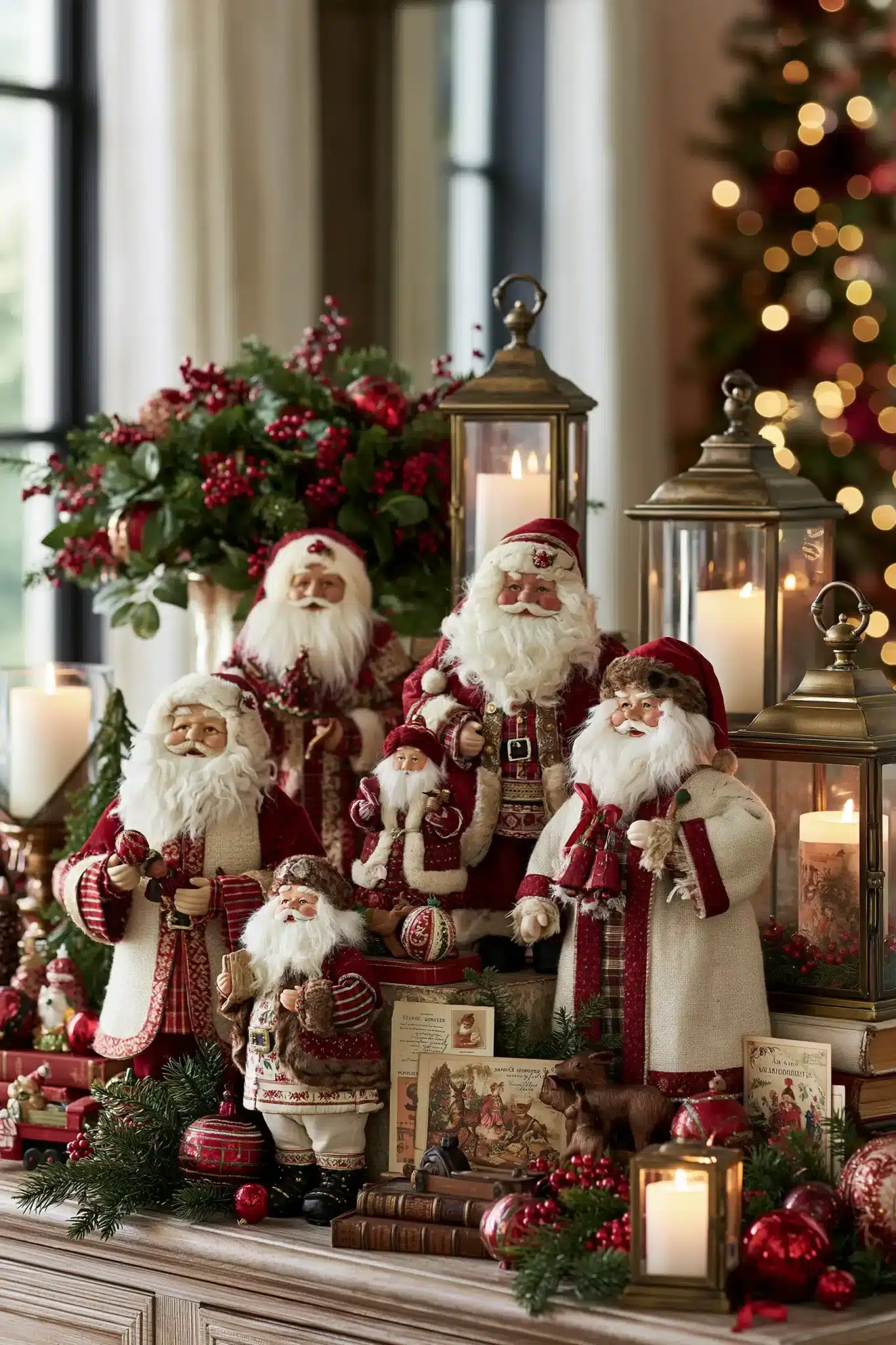 Vintage Santa Christmas decor styled with collectibles and warm holiday lighting.