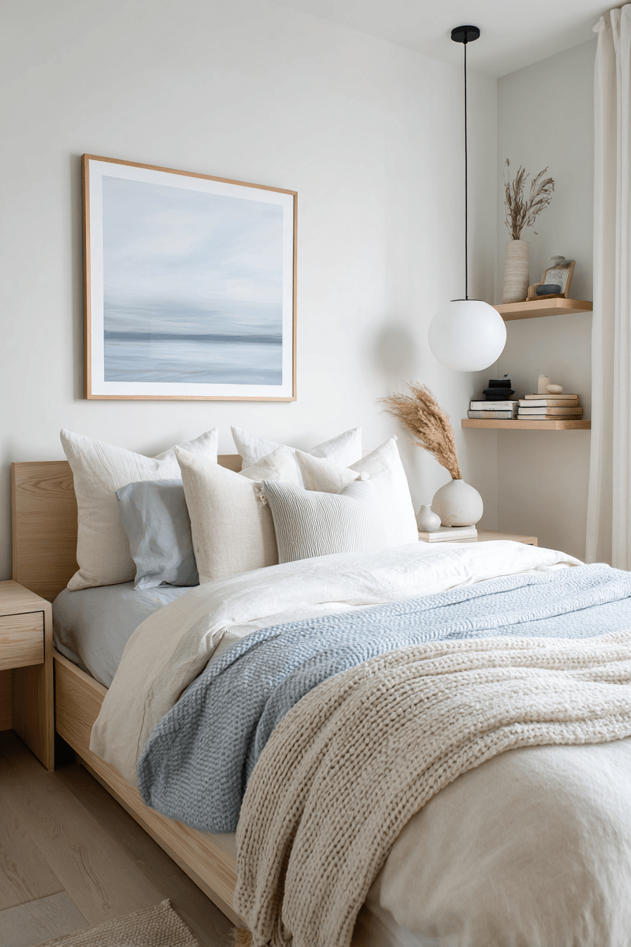 Scandinavian coastal bedroom with light wood furniture, white bedding, and simple accents