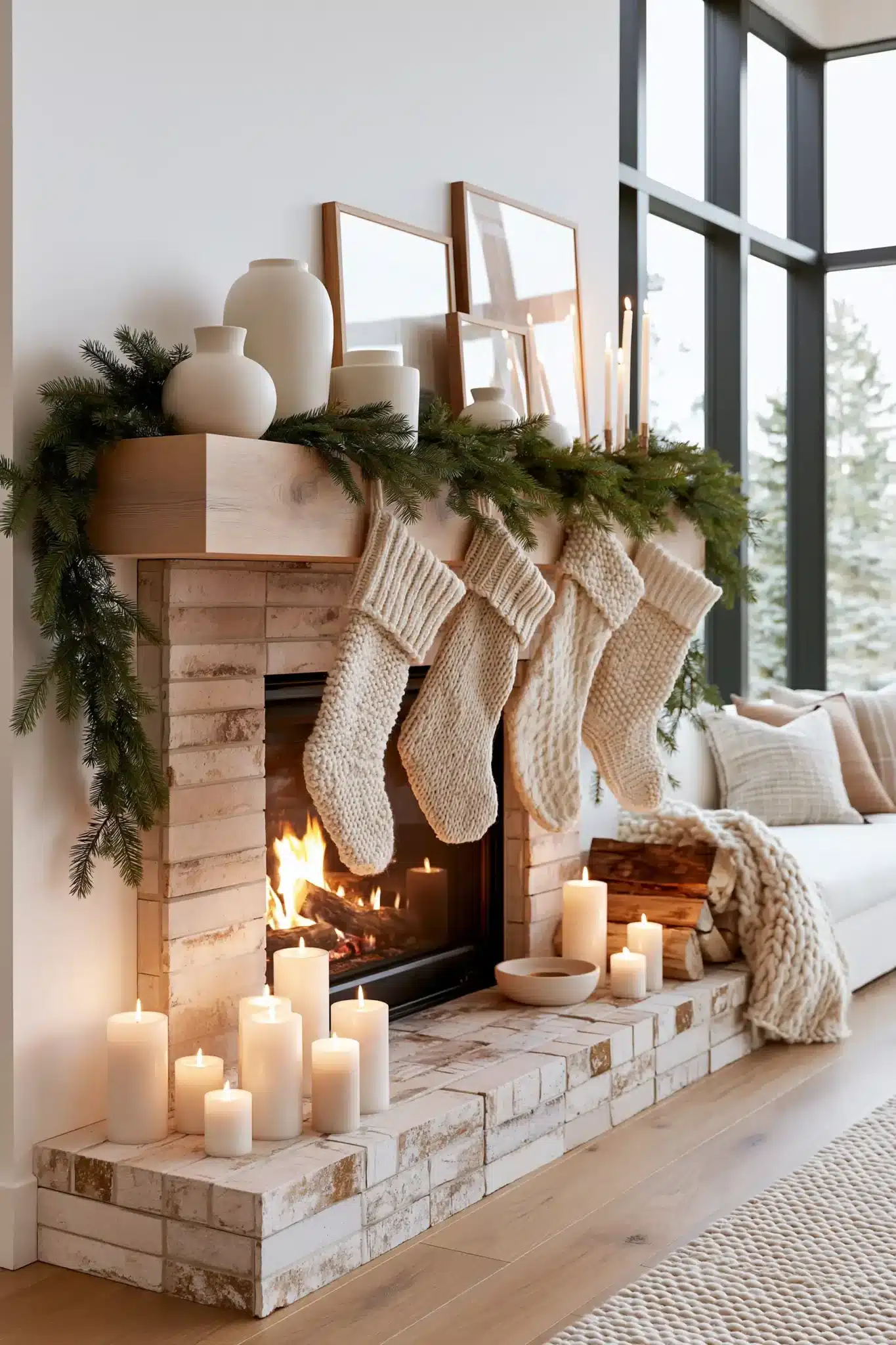 Scandinavian Christmas mantel with wood, ceramics, greenery, and candles