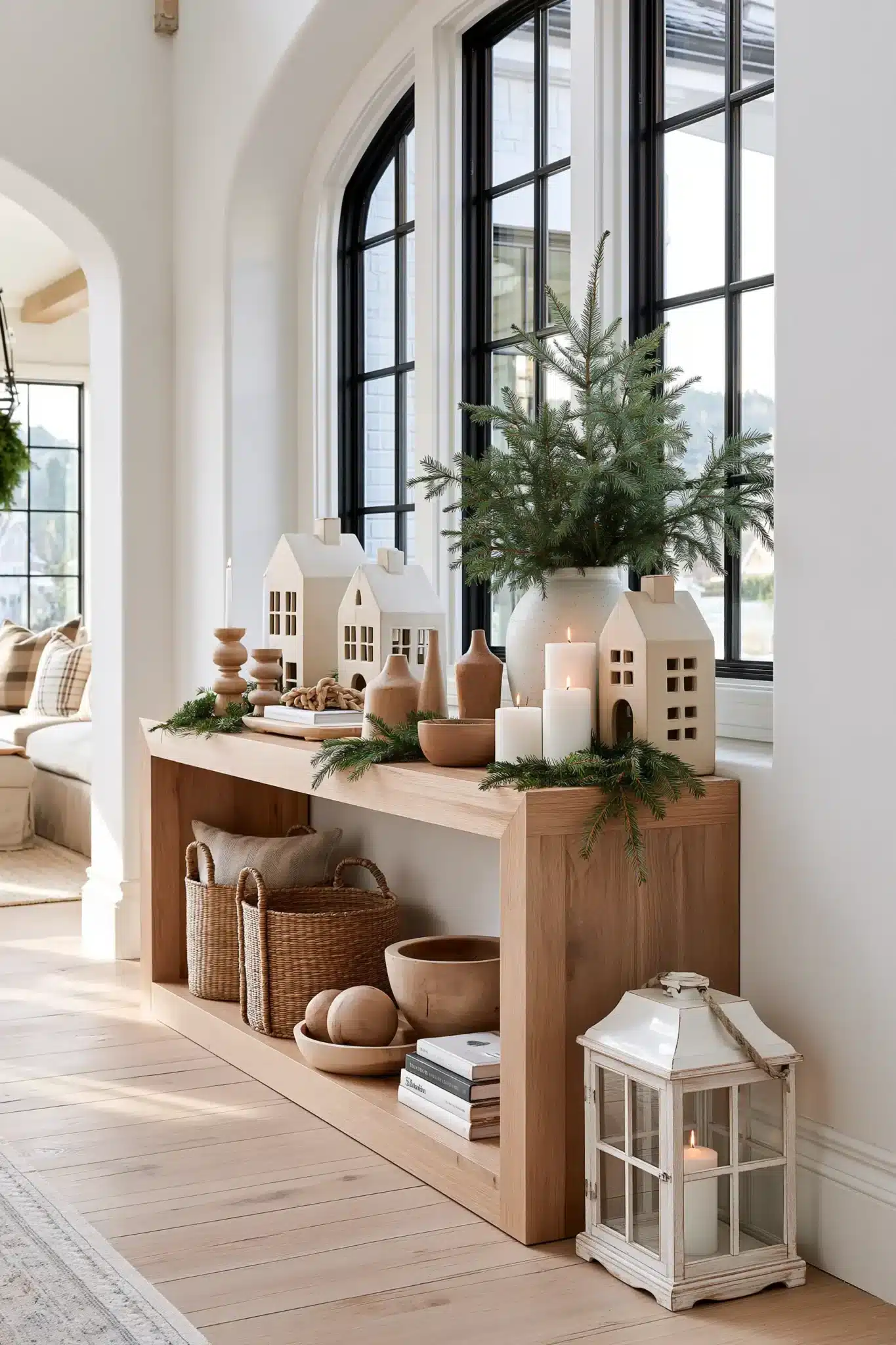 Scandinavian holiday Christmas entryway table with natural wood, ceramics, and soft greenery