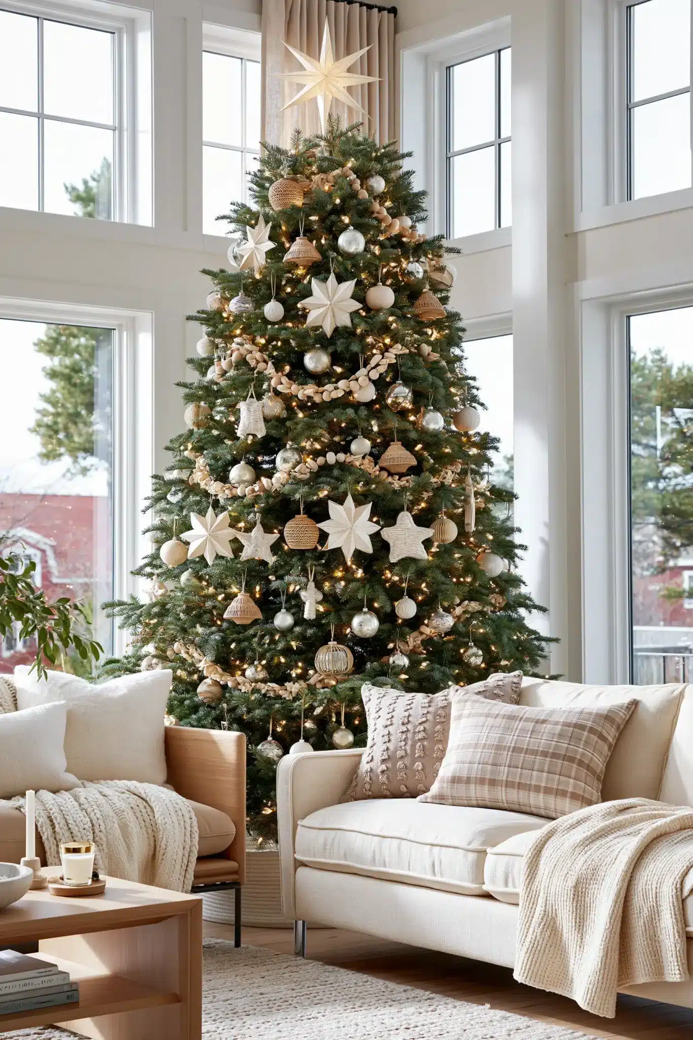 Scandinavian Christmas tree decorated with neutral ornaments, wooden accents, and warm white lights