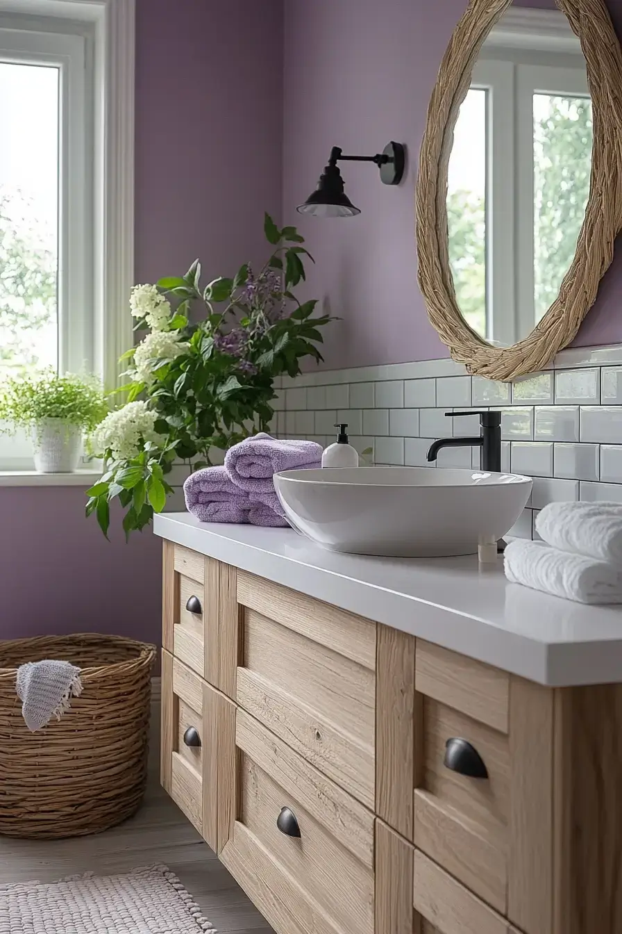 A Scandinavian-style bathroom with soft purple tones and pale wood