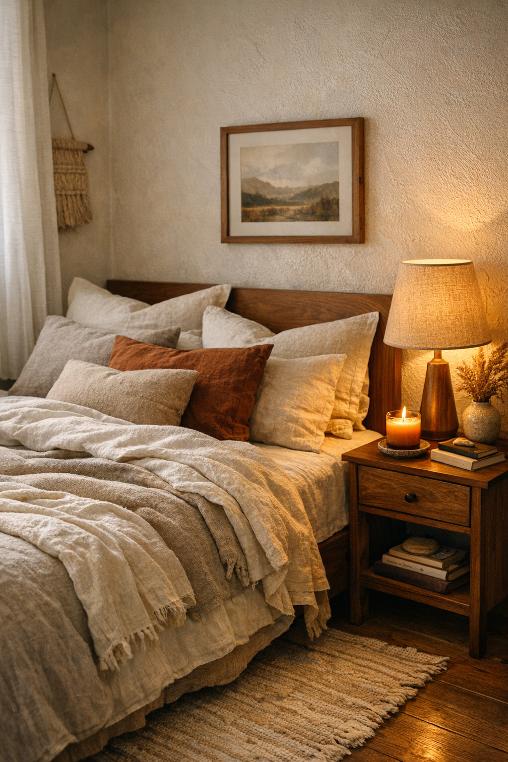 A warm bedroom with soft amber lighting, layered bedding, and a cozy candlelit atmosphere