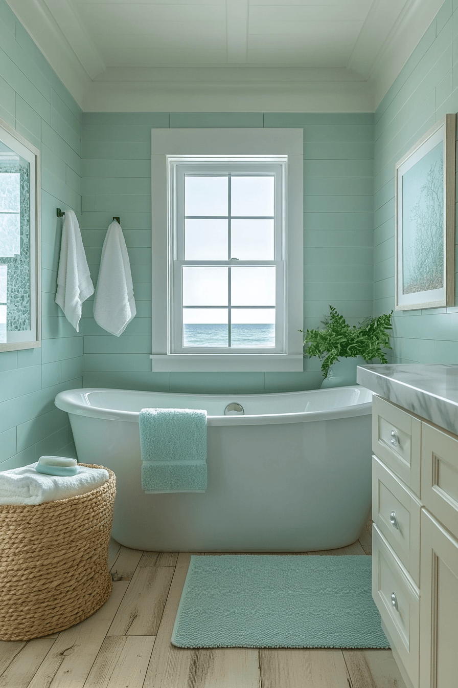 Sea glass inspired coastal bathroom with pale aqua, mint, and frosted green tones
