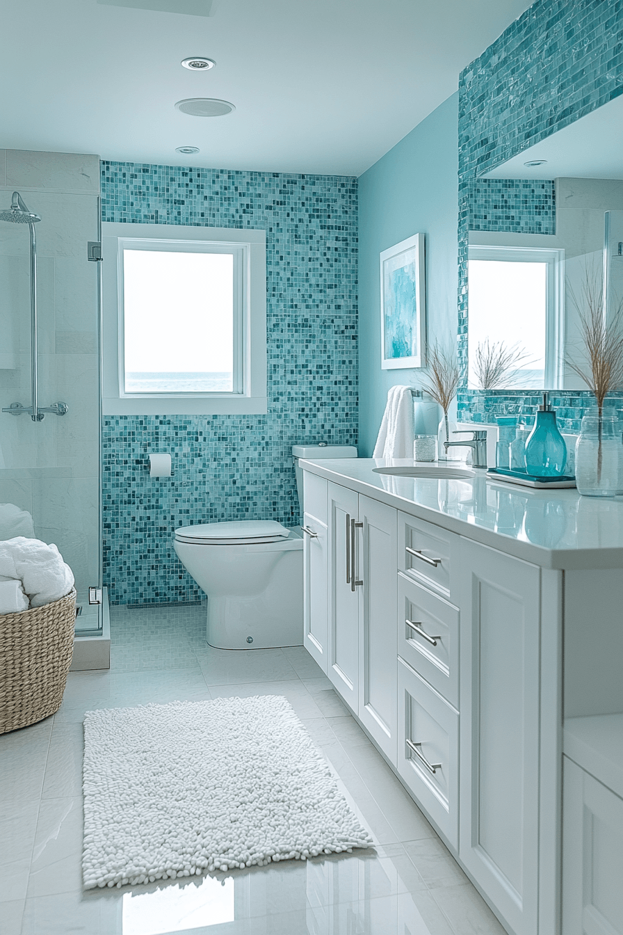 Modern coastal bathroom with sea-glass pastel colors and white cabinetry