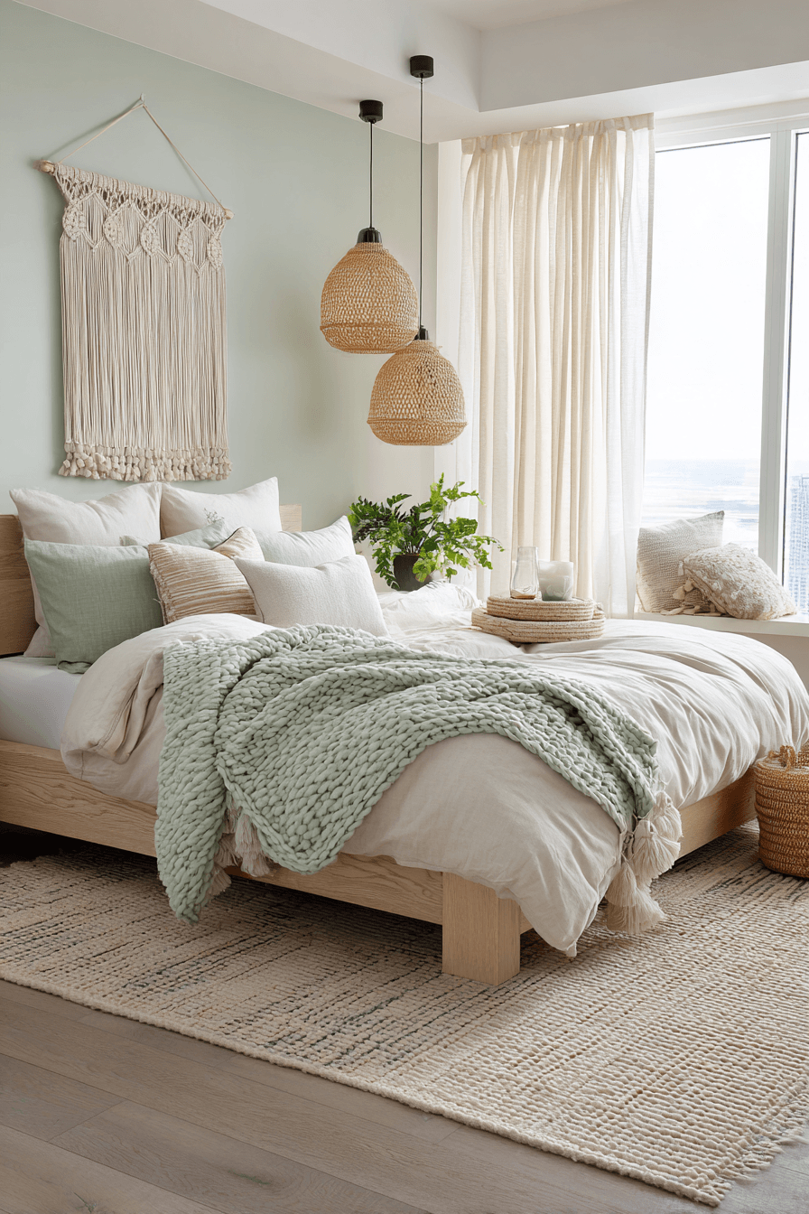 Beachy boho bedroom with seafoam accents, oatmeal neutrals, natural wood furniture, and seagrass baskets