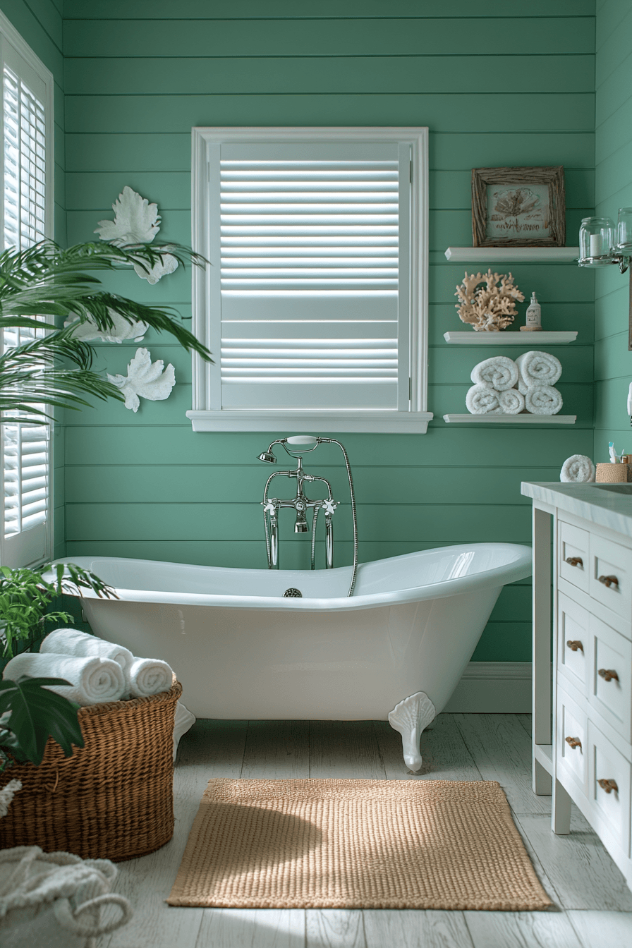 Seafoam green bathroom with white tile, bamboo accents, and spa-style styling