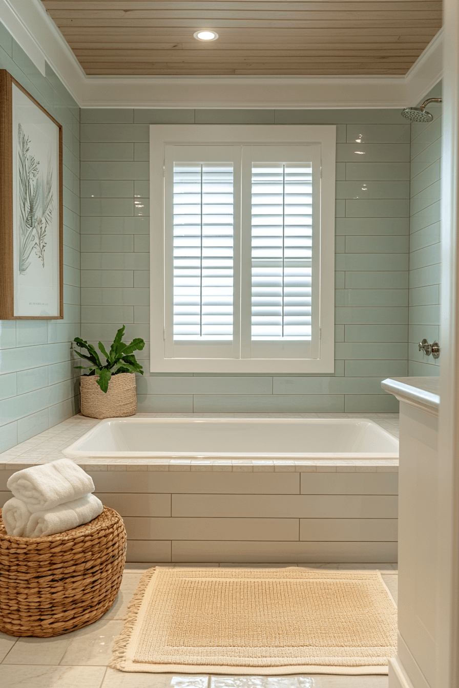 Bright beachy bathroom with seafoam tile, white walls, and warm lighting