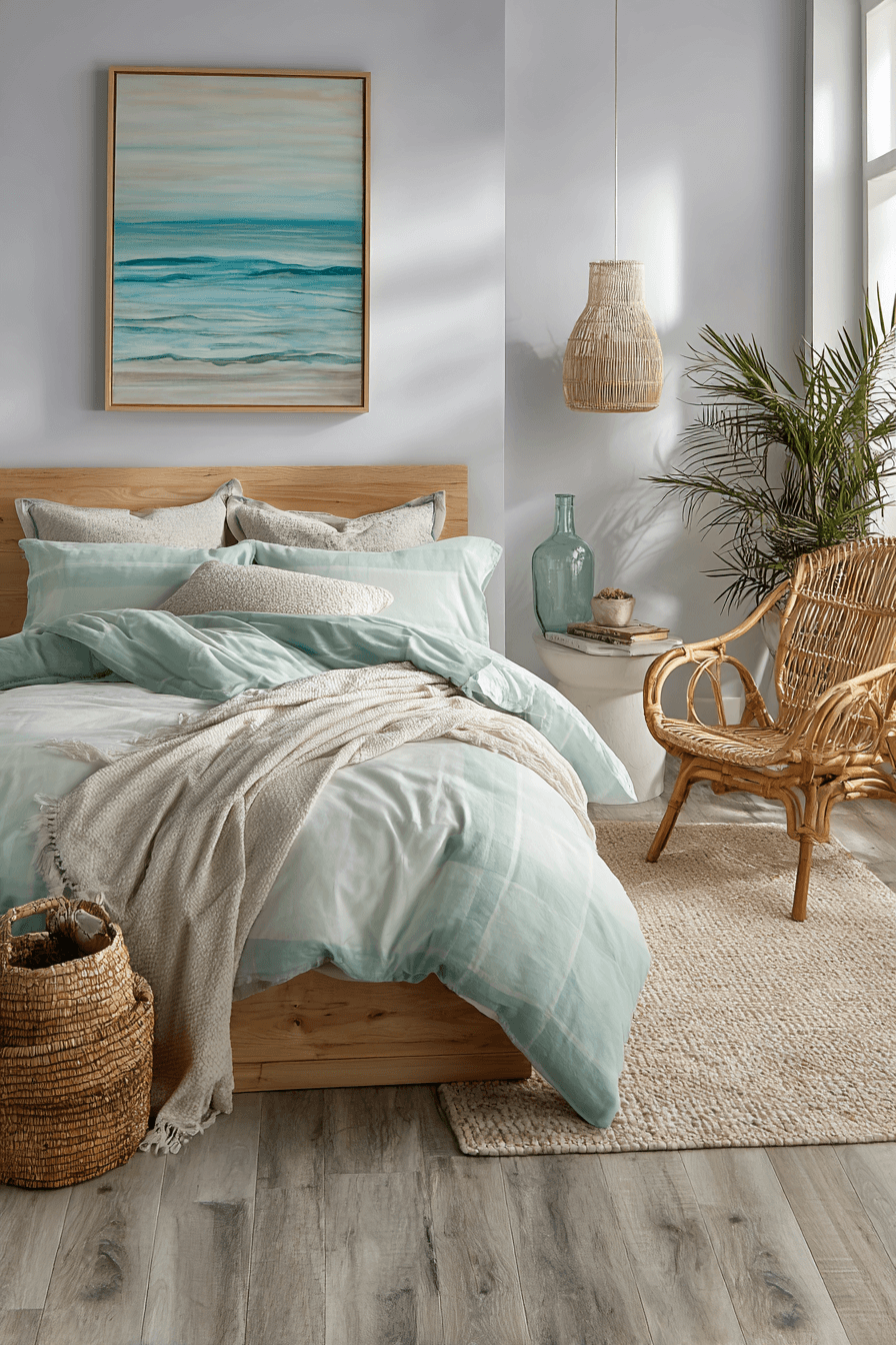 Serene beach bedroom inspired by seaglass tones, pale greens, and frosted glass