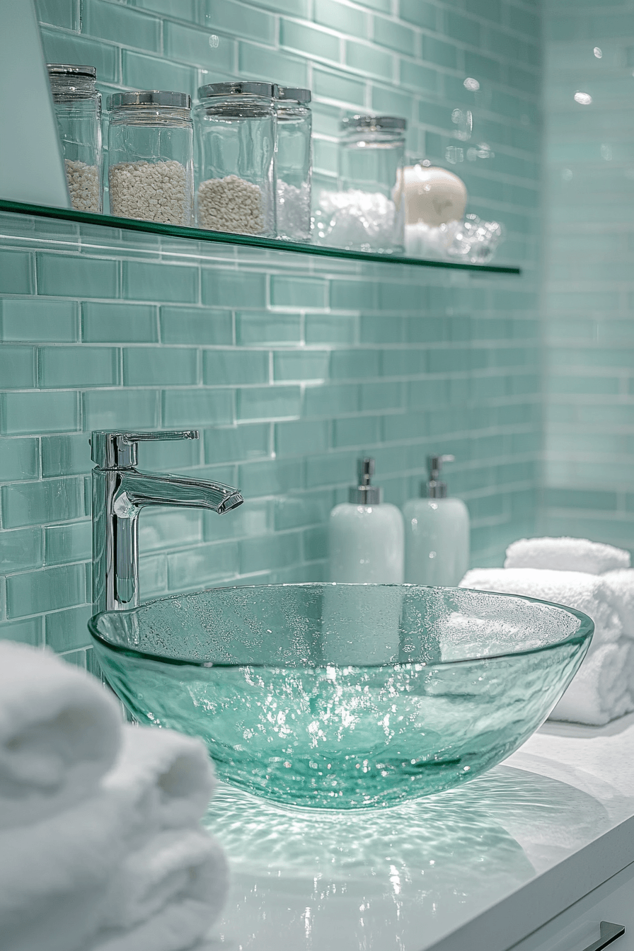Seaglass-inspired ocean bathroom with sparkling mosaic tile and sleek white vanity