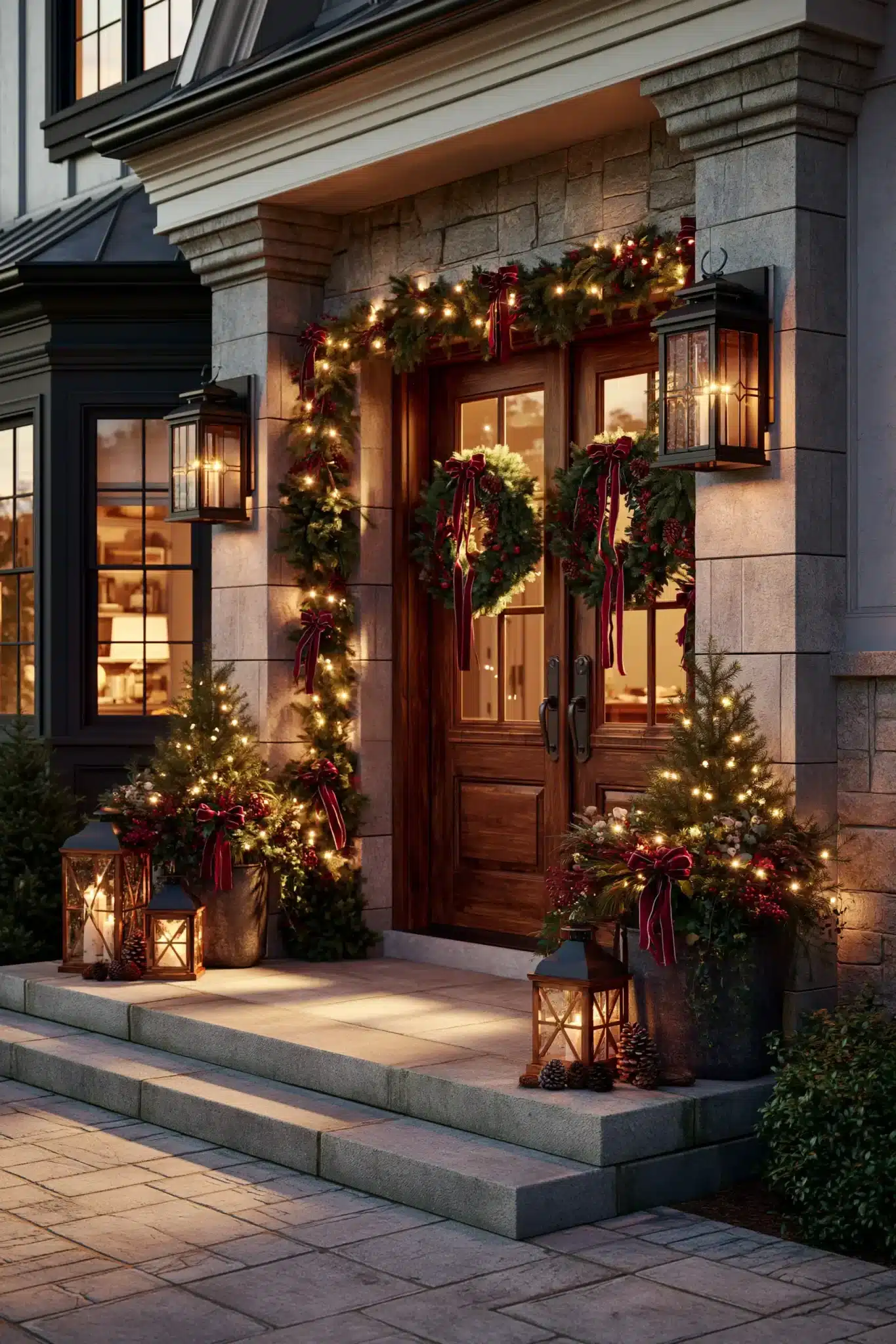 A holiday front porch decorated with wreaths, lanterns, and greenery