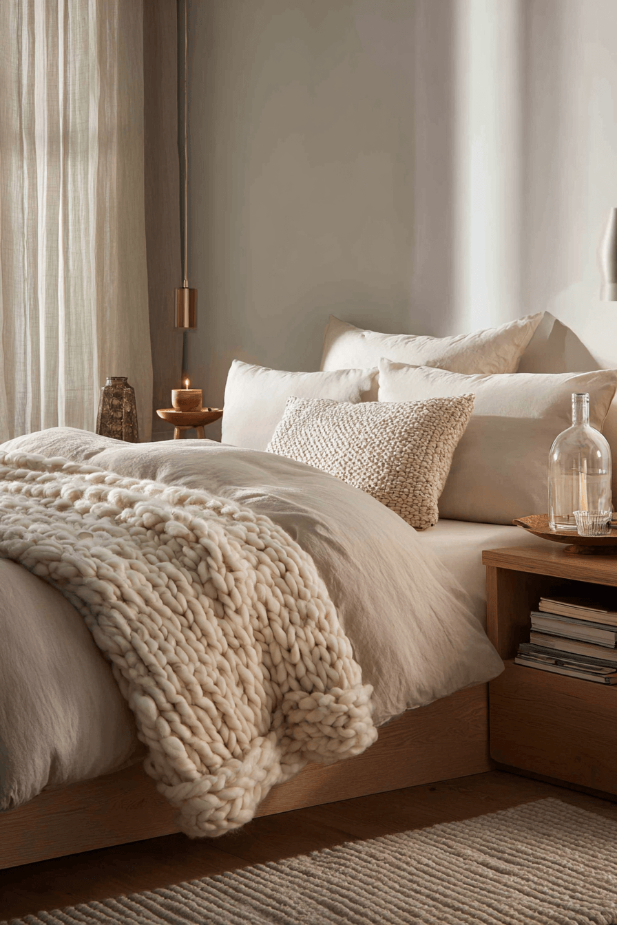 Warm minimalist bedroom with simple cozy layers on the bed
