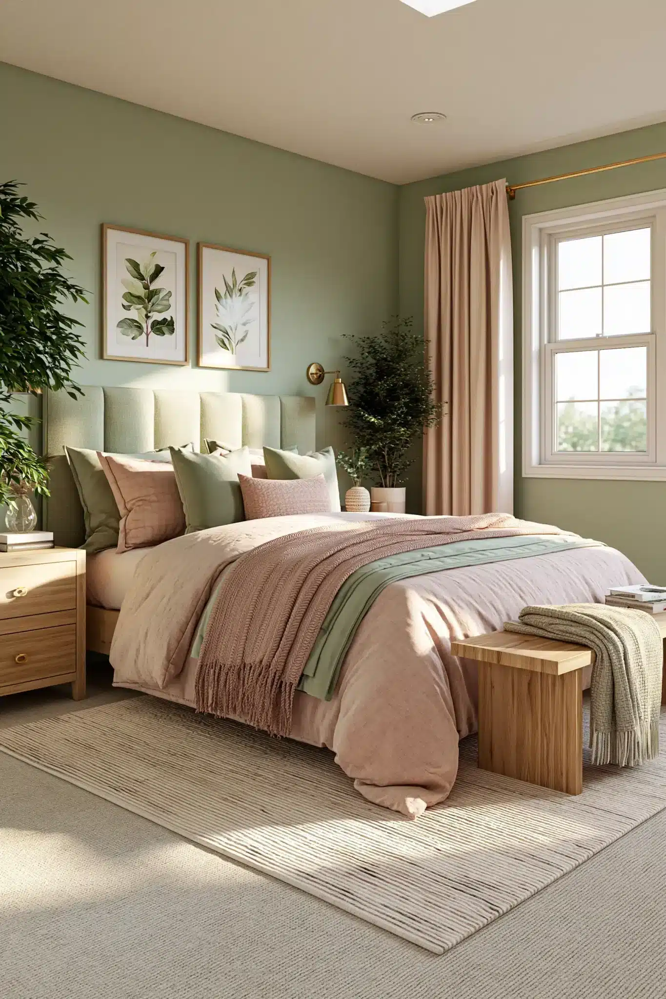 Small sage green and blush bedroom nook with soft textiles and subtle metallic details.