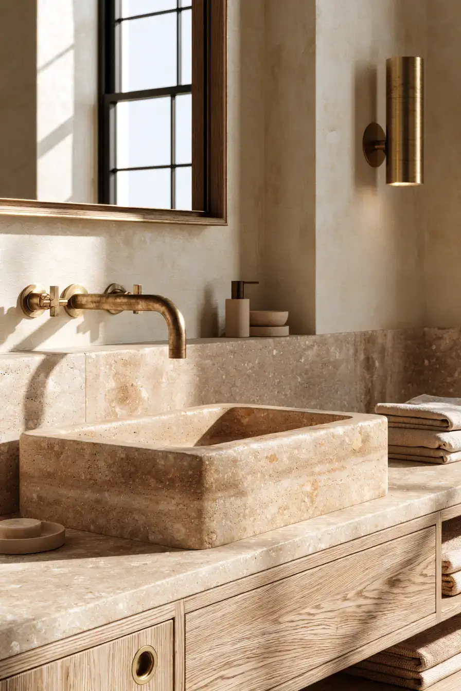 A serene bathroom with a sandy sandstone sink and understated accents