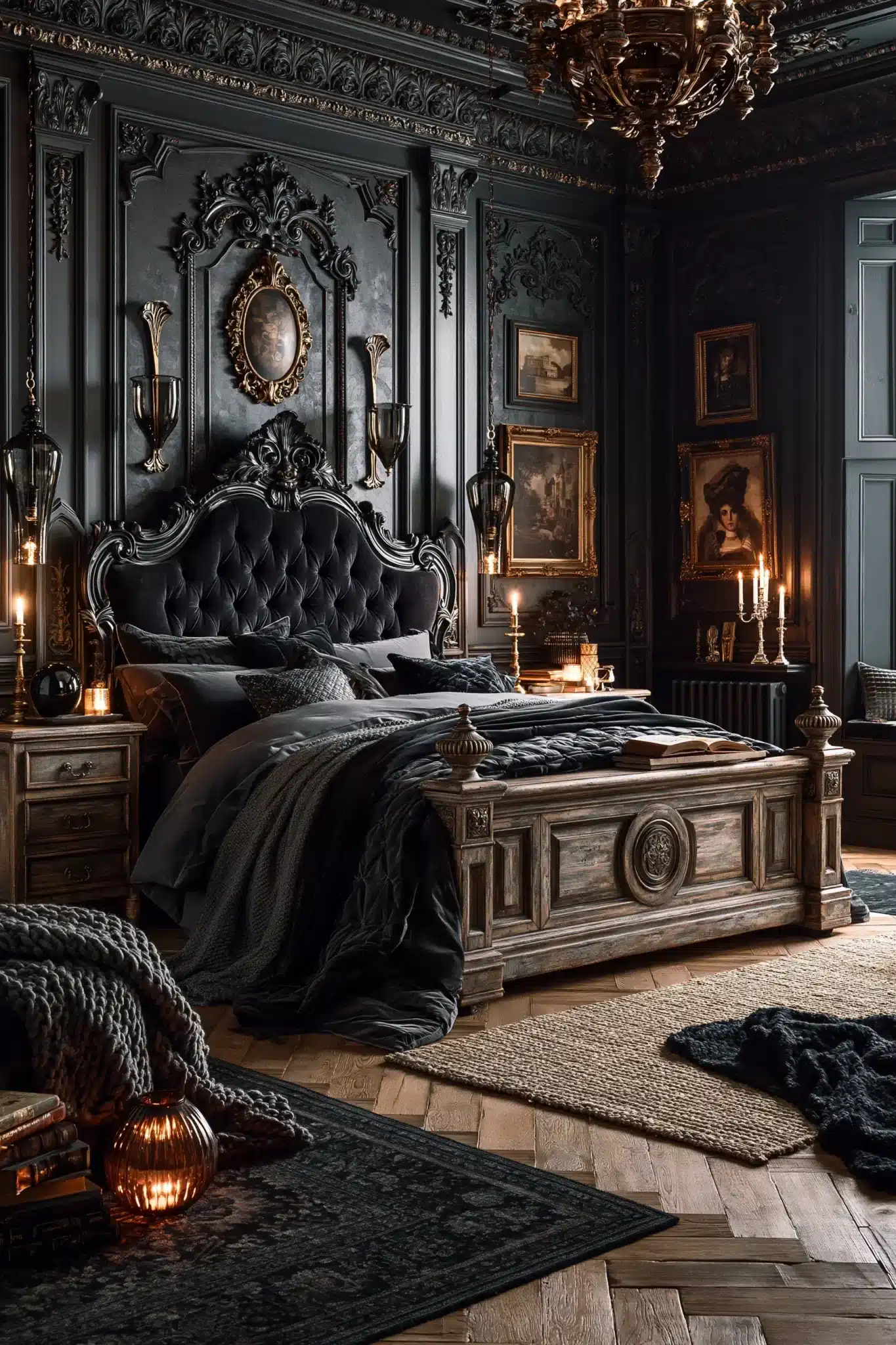 A shadowy gothic bedroom with dark layers, warm amber lighting, and classic details