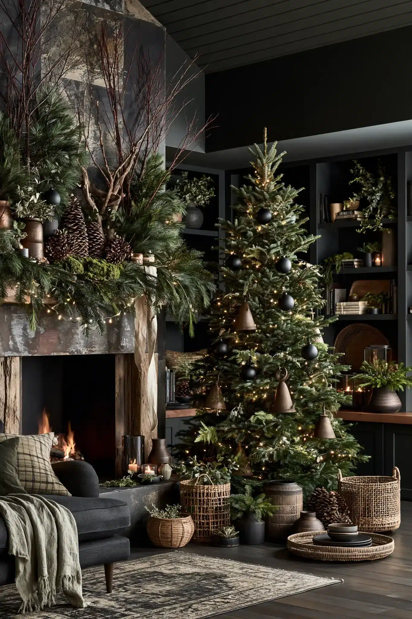 Moody Christmas decor inspired by a dark woodland with branches, pinecones, moss, and warm lights.