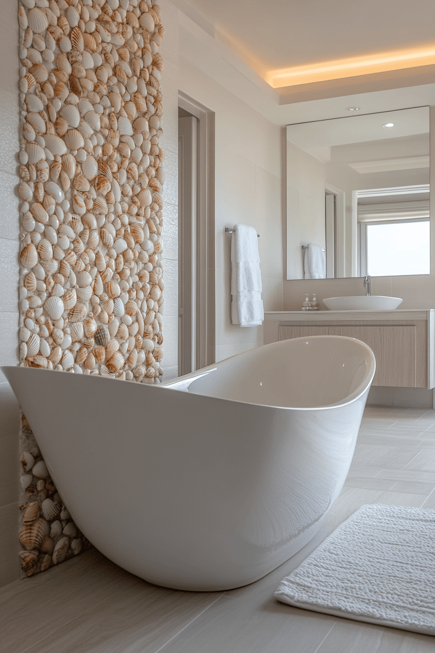 Shell-inspired coastal bathroom with graceful curves and pearl-toned accents