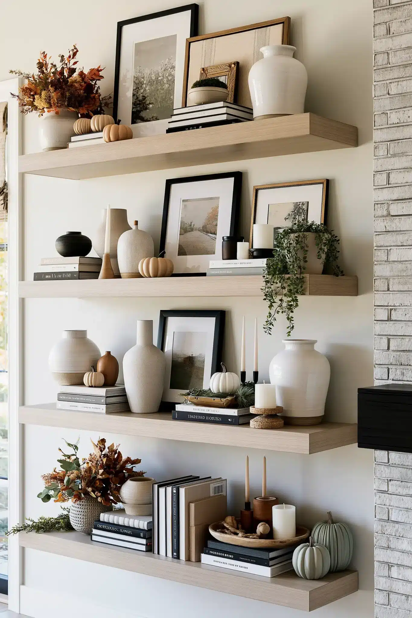 Thanksgiving shelf decor with books, mini pumpkins, candles, greenery, and framed art.
