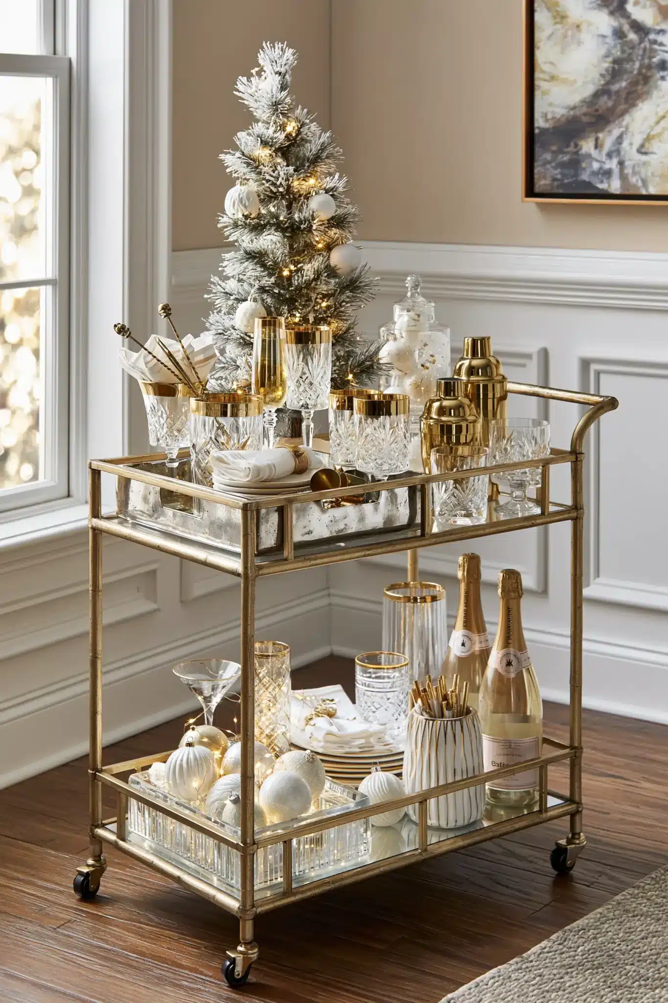 A holiday bar cart decorated with gold glassware, white ornaments, lights, and a small tree.