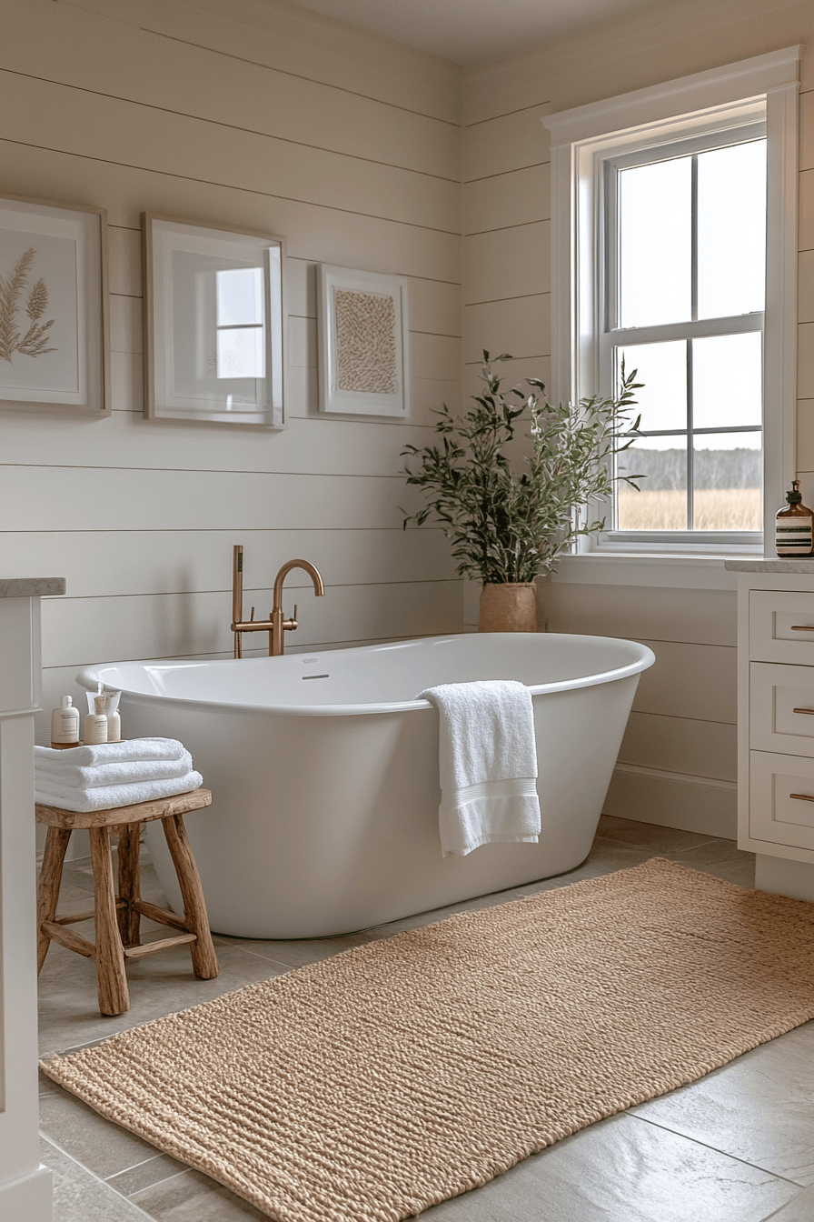 Modern coastal bathroom with sandy neutrals, shiplap walls, and a frameless shower