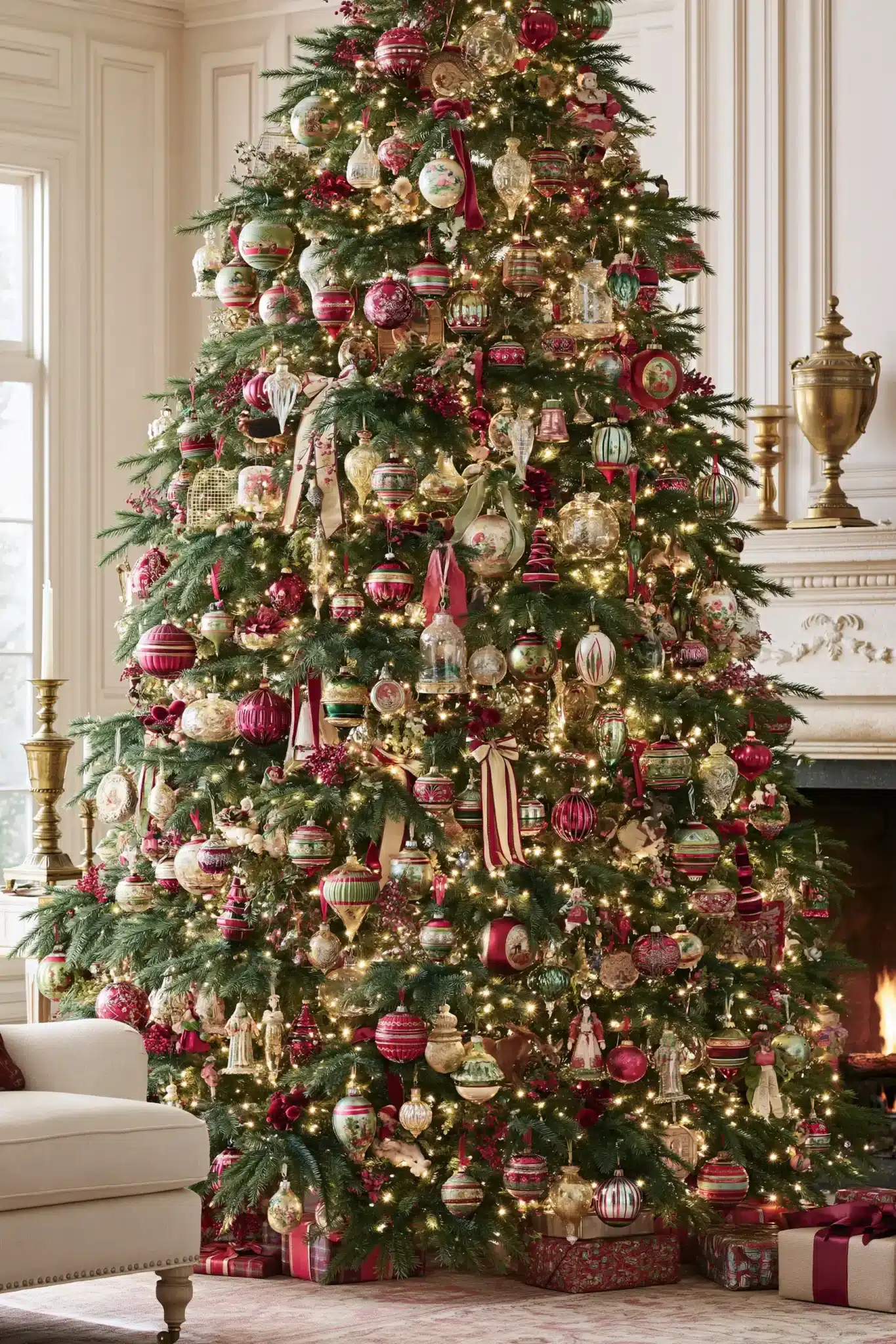 Christmas tree decorated with heirloom ornaments and meaningful family keepsakes.