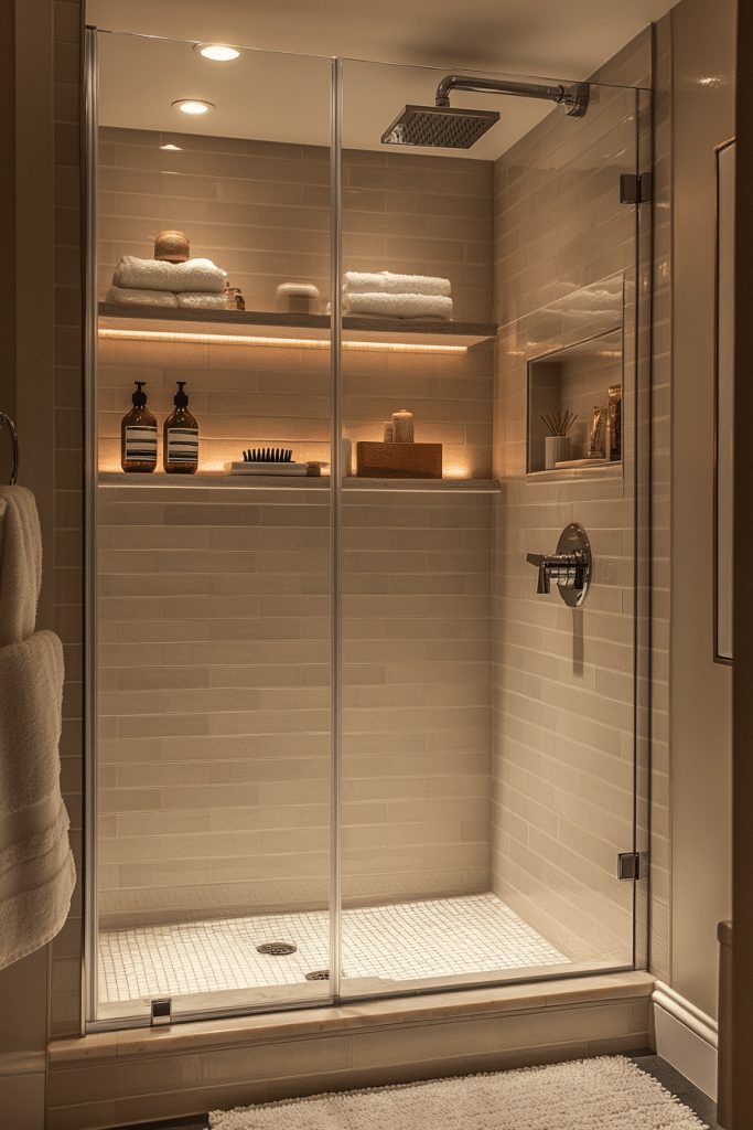 Compact walk-in shower with recessed shelving for storage.