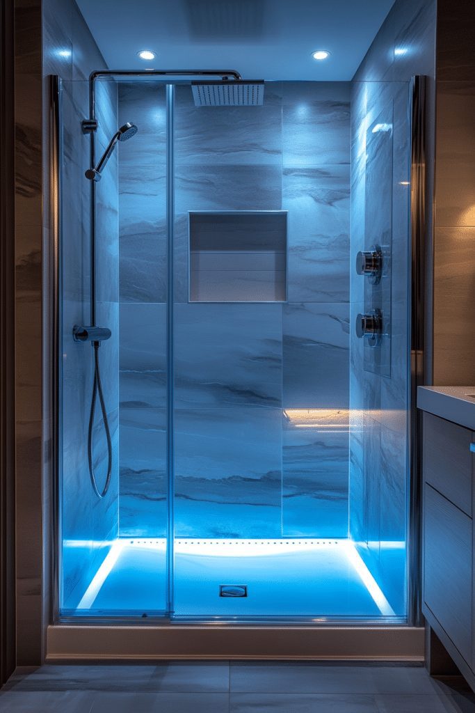 Brightly lit walk-in shower with LED lighting in a small bathroom.