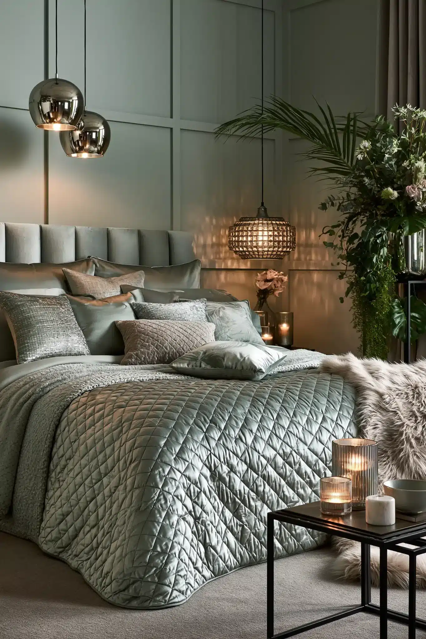 Sophisticated sage green and grey bedroom with metallic accents, mirrors, and soft bedding