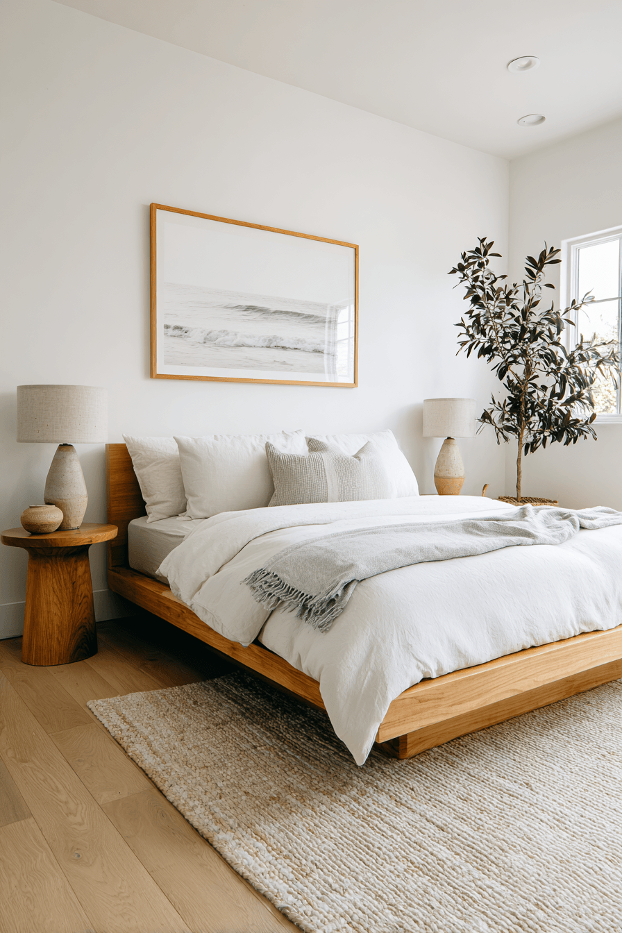 Beachy boho bedroom with simple coastal minimalism, pale wood furniture, and a few carefully chosen decor pieces