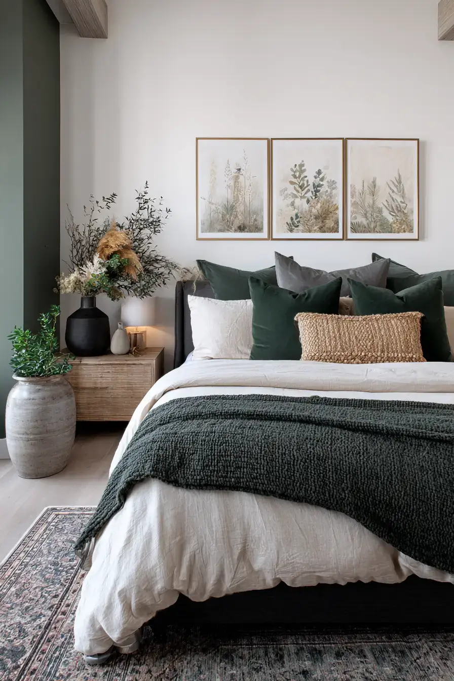 A simple green boho bedroom with plants, layered textiles, and natural touches