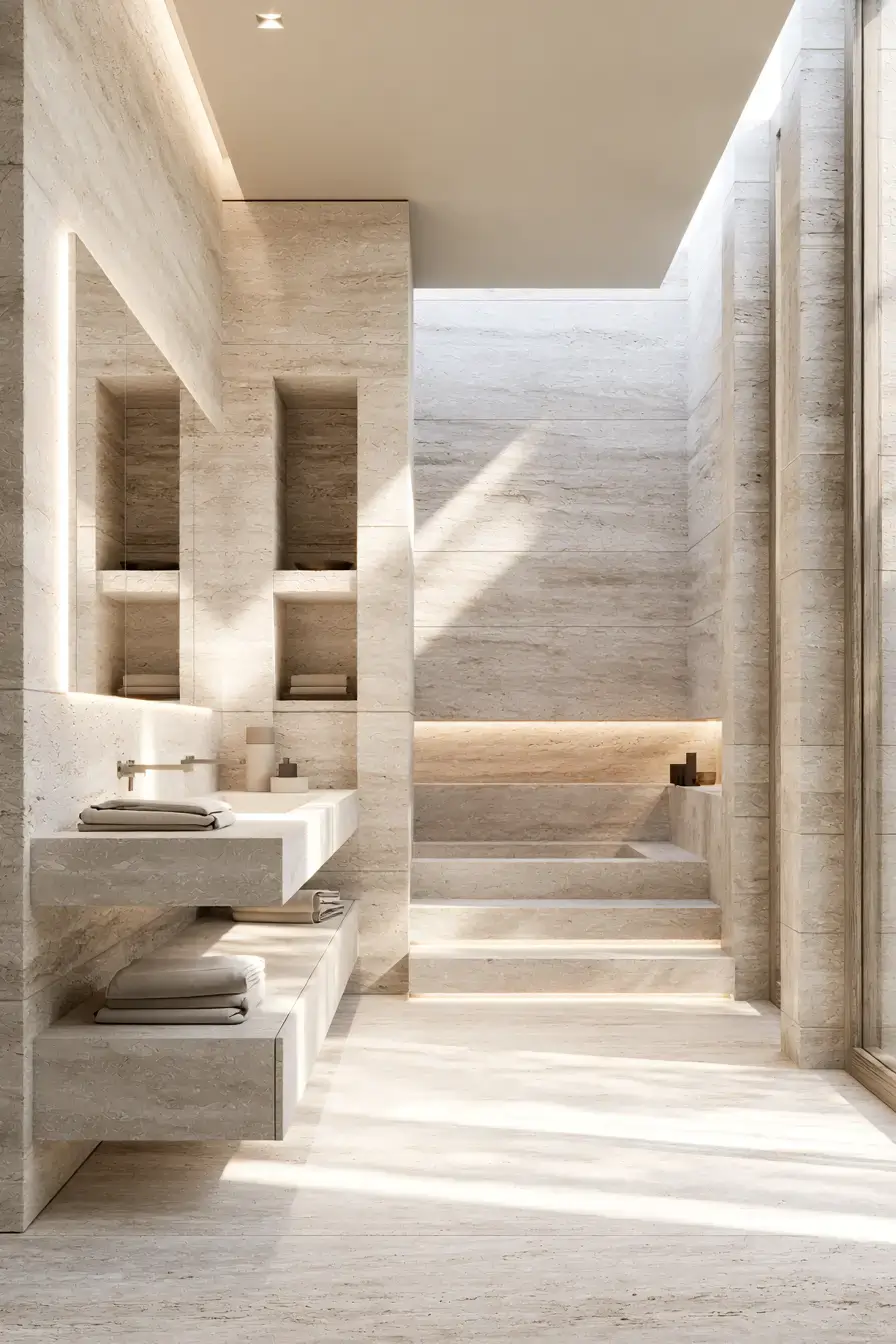 Minimal limestone bathroom with hidden storage and soft neutral tones