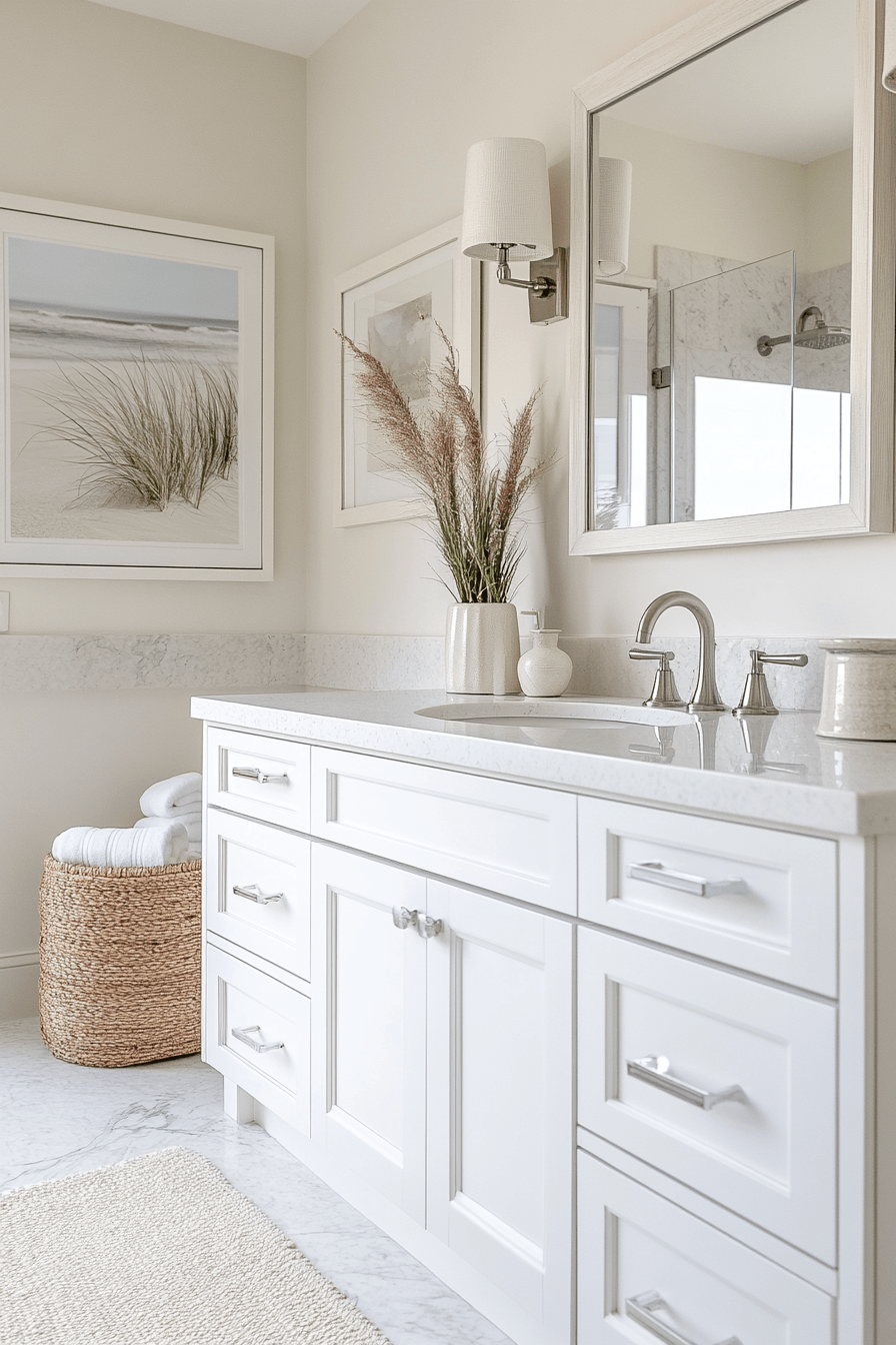 Minimal coastal bathroom with clean lines, soft colors, and natural textures