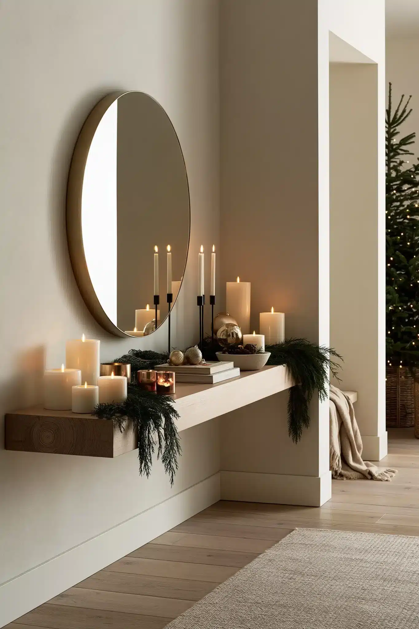 Minimalist Christmas entryway table with simple decor, greenery, and open space