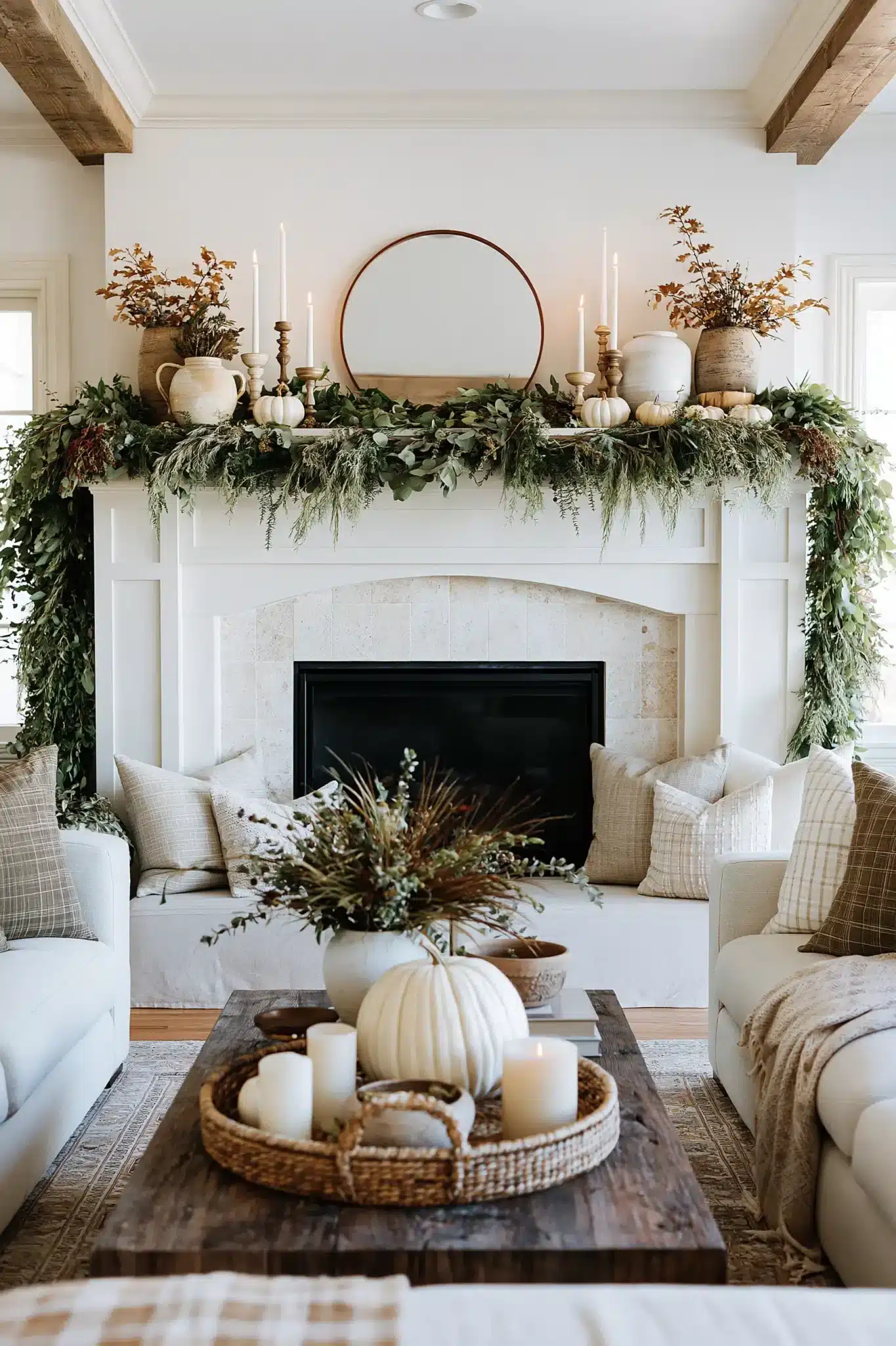 Refined Thanksgiving mantel with neutral colors, greenery, candles, and ceramics.