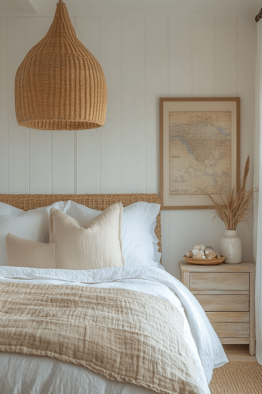 Minimal coastal bedroom with white bedding, jute textures, and simple beach decor