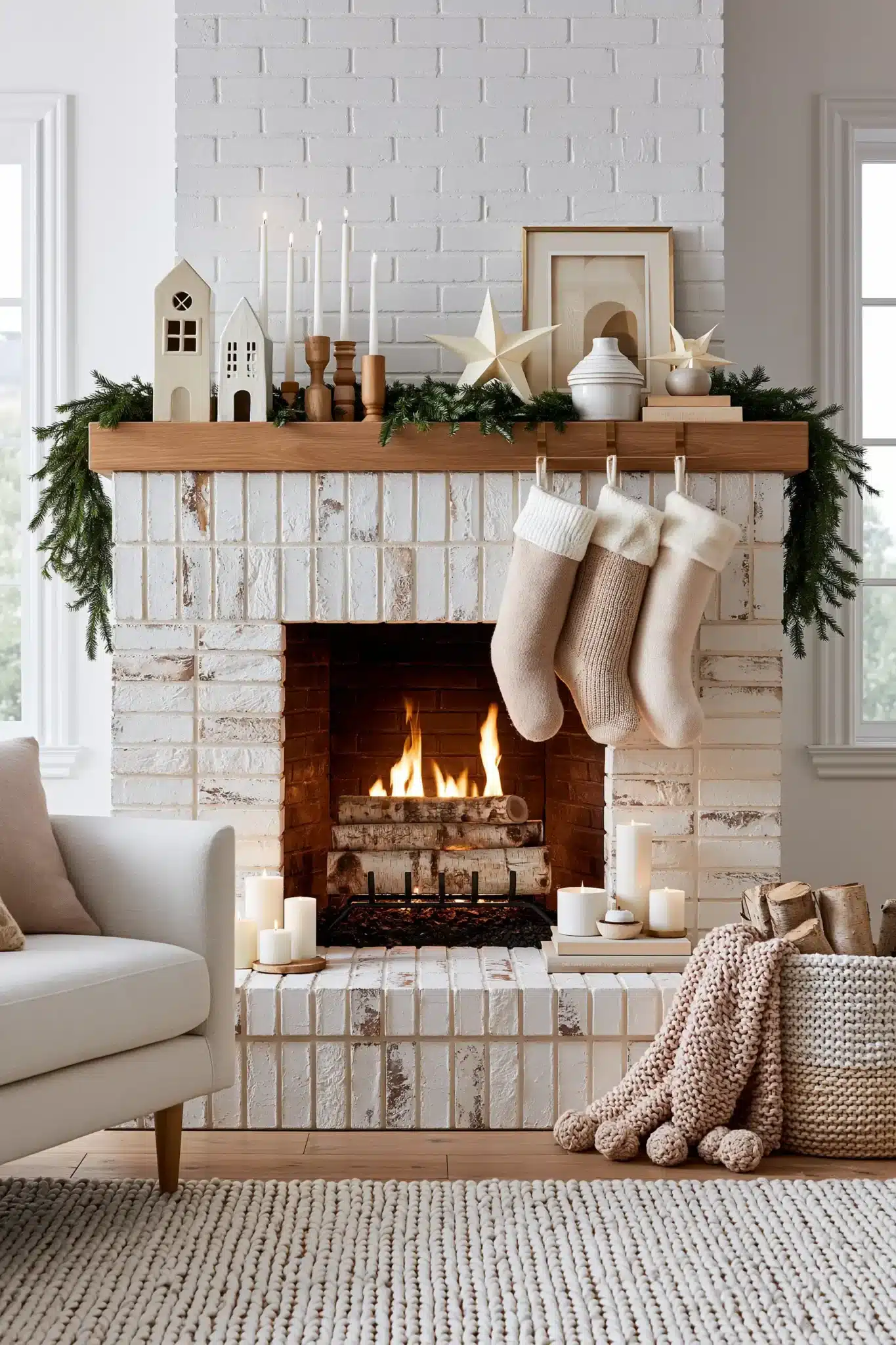 A minimalist Scandinavian Christmas mantel with greenery, candles, and neutral decor.