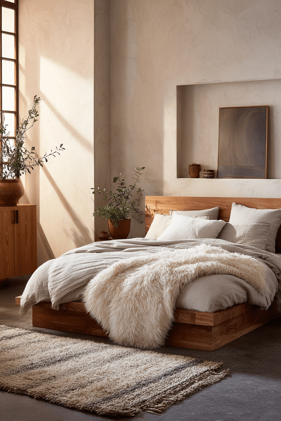 A simple cozy bedroom with warm neutrals, a wool throw, and a wooden bed frame.
