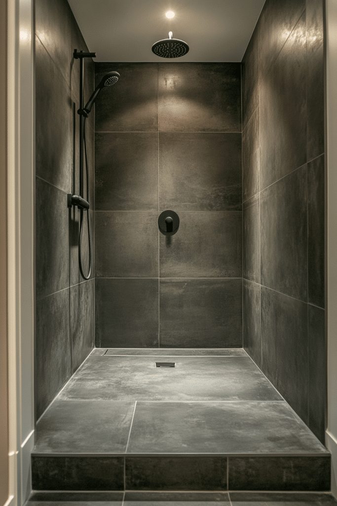 Monochrome walk-in shower design in a small bathroom.
