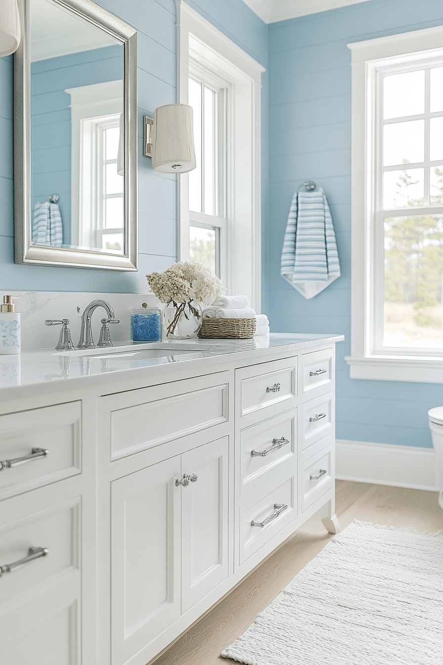 Modern coastal bathroom with pale blue walls, white tile, and chrome fixtures