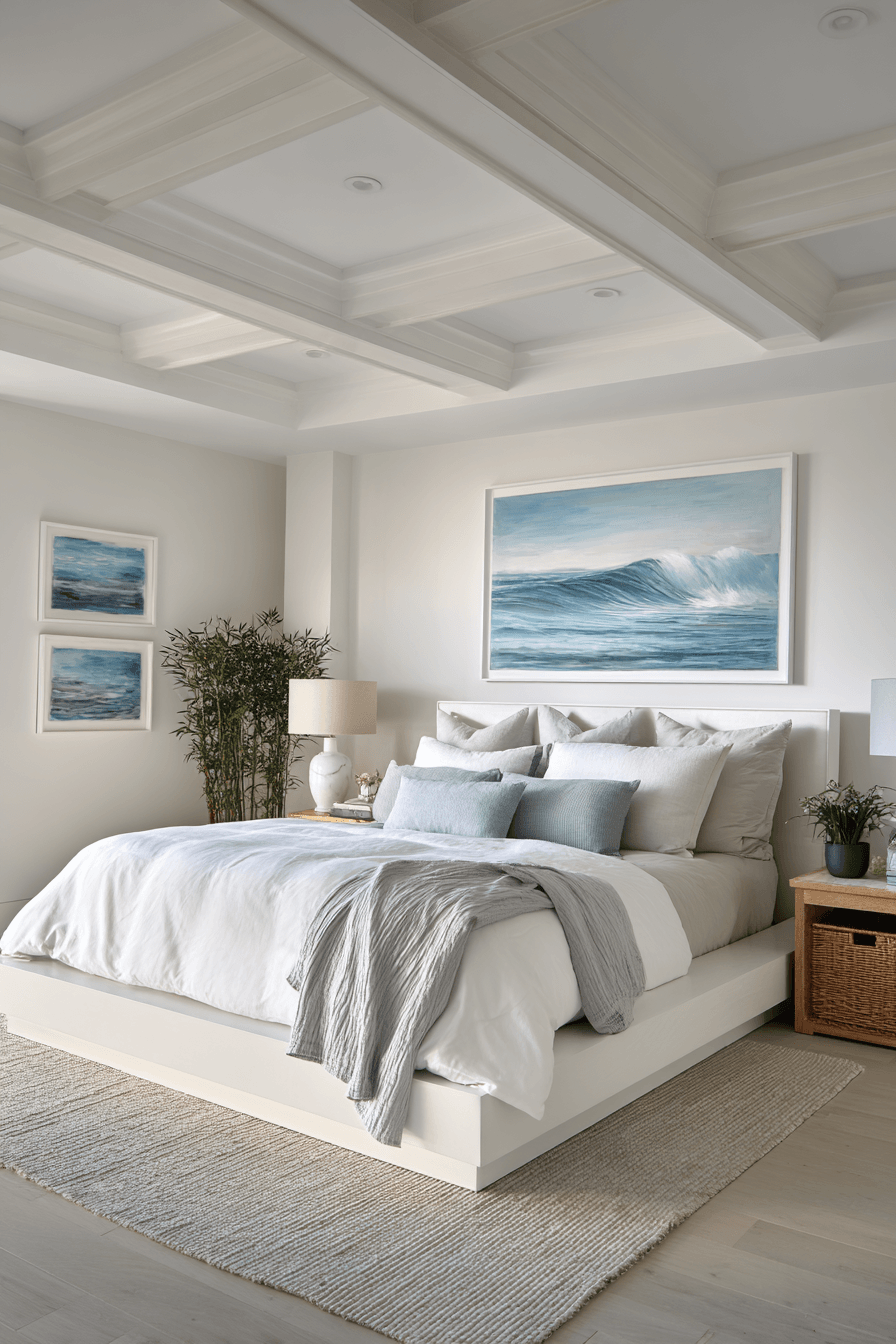 Modern beach house bedroom with clean lines pale wood and abstract coastal wall art